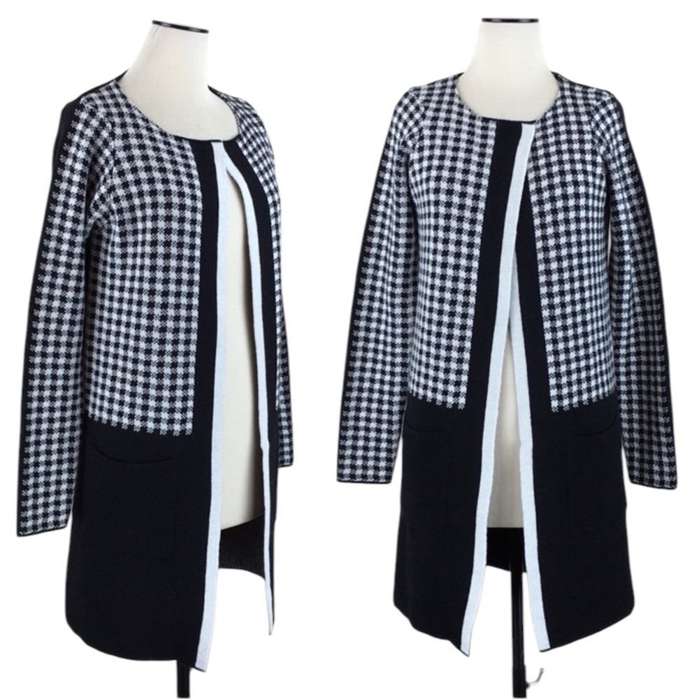 Cocogio Longline Cardigan Sweater Black White Coatigan NWT
